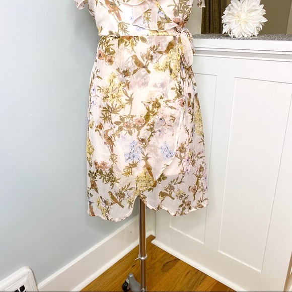 Band of Gypsies Ruffle Cold Shoulder Wrap Dress Pink Floral Pink NWT - Picture 4 of 9